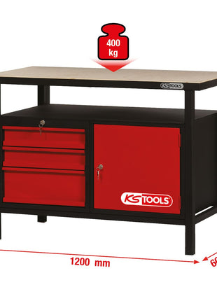 KS TOOLS Werkbank mit 3 Schubladen und 1 Tür, H840xB1200xT600mm ( 865.0003 ) - Toolbrothers