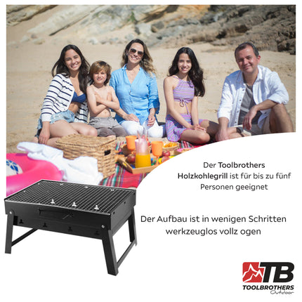 Toolbrothers Outdoor tragbarer Holzkohle Grill für Camping werkzeuglose Montage 43 x 29 x 23 cm Schwarz Chrom beschichtet Smoker BBQ Pit Grill
