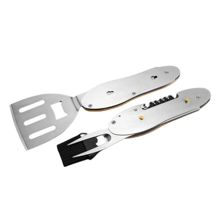 Toolbrothers Outdoor Multitool Grill, Grillbesteck aus Edelstahl mit Gabel, Grilllöffel, Fleischbürste, Flaschenöffner und Korkenzieher 5 tlg