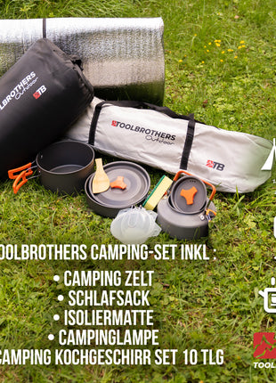 Toolbrothers Outdoor Camping-Set Zelt für 2-4 Personen Hydraulikzelt mit Isoliermatte & Campingausrüstung 14 tlg