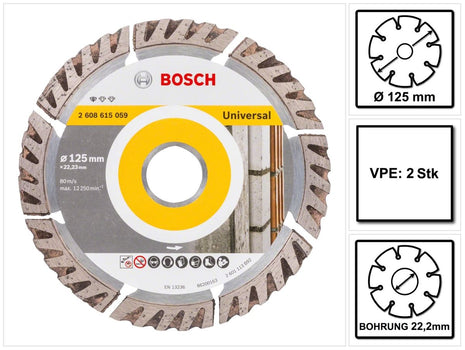 Bosch Standard for Universal diamond cutting disc 125 x 22.23 mm 2 pcs. ( 2x 2608615059 ) for concrete, steel-concrete, brick, lime and sandstone