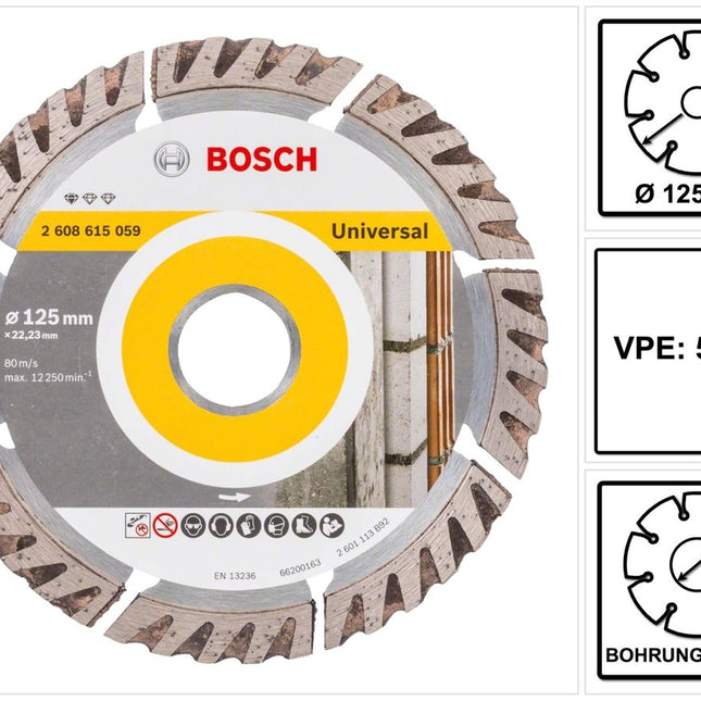 Bosch Standard per disco diamantato universale 125 x 22,23 mm 5 pezzi ( 5x 2608615059 ) per calcestruzzo, acciaio-calcestruzzo, mattoni, calce e arenaria