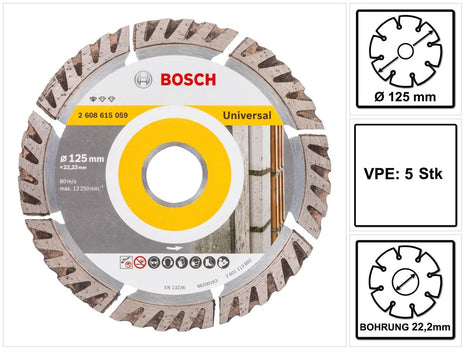 Bosch Standard per disco diamantato universale 125 x 22,23 mm 5 pezzi ( 5x 2608615059 ) per calcestruzzo, acciaio-calcestruzzo, mattoni, calce e arenaria