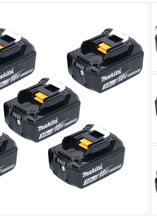 Makita Akku Set 5x BL 1830 B 18 V 3,0 Ah / 3000 mAh Li-Ion ( 5x 197599-5 ) mit LED Anzeige - original, kein Nachbau