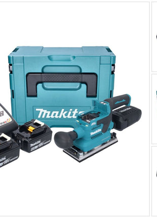 Makita DBO 382 RGJ Akku Schwingschleifer 18 V 93 x 185 mm Brushless + 2x Akku 6,0 Ah + Ladegerät + Makpac