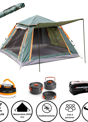 Toolbrothers Outdoor Camping-Set Tente pour 2-4 personnes Tente hydraulique Pop-Up + équipement de camping 13 pcs.