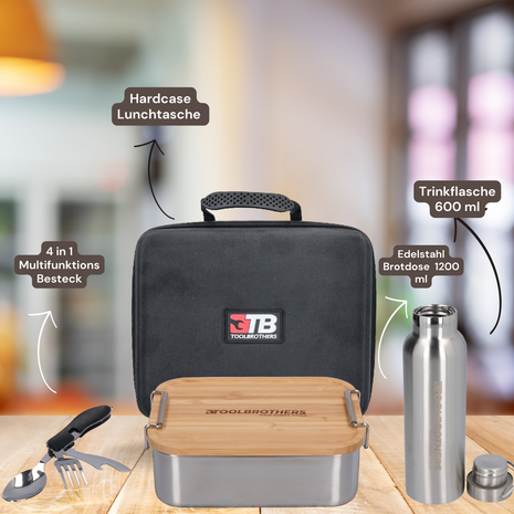 Toolbrothers Bolsa de almuerzo Fan en estuche rígido, bolsa de transporte, bolsa de almuerzo impermeable con lonchera de acero inoxidable y tapa de bambú de 1200 ml + botella de acero inoxidable de 600 ml + cubiertos multifuncionales 4 en 1