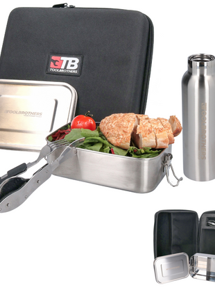 Toolbrothers Fan Lunchpaket in Hardcase Tragetasche Lunchtasche Wasserdicht mit Edelstahl Brotdose mit Trennfächern und Edelstahldeckel 1200 ml + Edelstahl Trinkflasche 600 ml + 4 in 1 Multifunktions Besteck