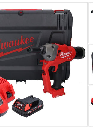 Riveteuse aveugle sur batterie Milwaukee M18 ONEFPRT-201X 18 V 20 kN sans balais + 1x batterie 2,0 Ah + chargeur + boîtier HD