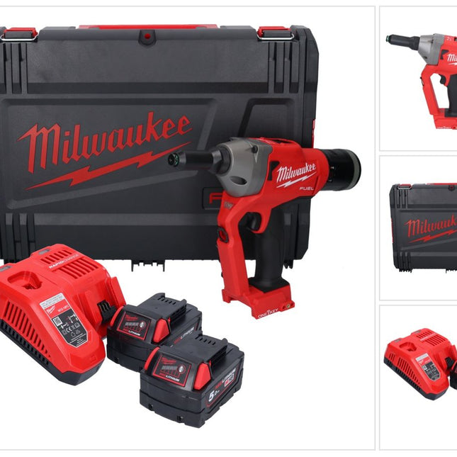 Rivettatrice cieca a batteria Milwaukee M18 ONEFPRT-502X 18 V 20 kN brushless + 2x batteria ricaricabile 5,0 Ah + caricabatterie + scatola HD
