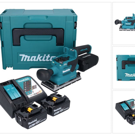 Makita DBO 381 RTJU 18 V 93 x 185 mm Vibrofinitrice a batteria senza spazzole + 2 batterie da 5,0 Ah + caricabatterie + Makpac