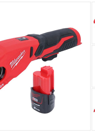 Milwaukee M12 PCSS-201 Coupe-tubes inox sans fil 12 V 12 - 28 mm + 1x batterie 2,0 Ah - sans chargeur