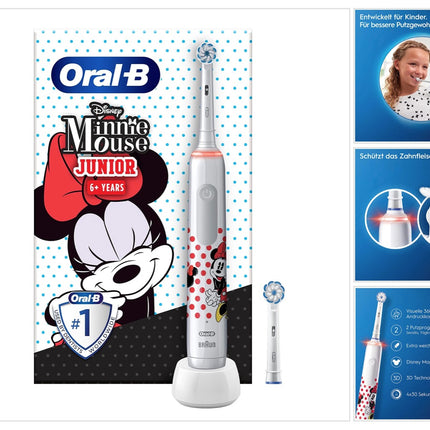 Spazzolino elettrico Oral-B Junior Minnie Mouse per bambini dai 6 anni in su Controllo della pressione a 360° 2 modalità di spazzolamento incluse, timer, bianco + 2 spazzolini di ricambio