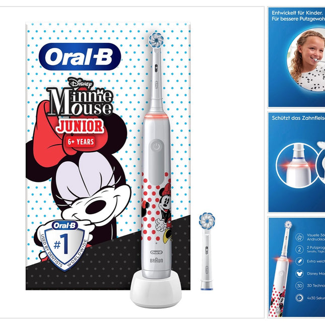 Oral-B Junior Minnie Mouse Elektrische Zahnbürste Electric Toothbrush für Kinder ab 6 Jahren 360° Andruckkontrolle 2 Putzmodi inkl., Timer, weiß + 2 Aufsteckbürsten