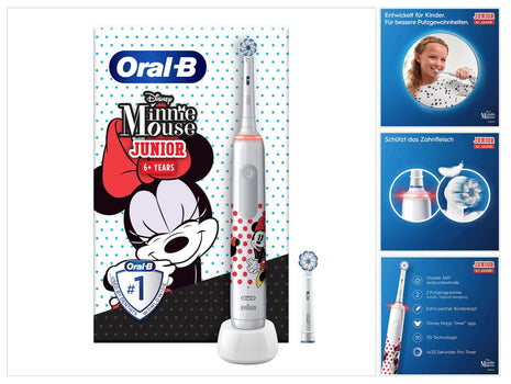 Oral-B Junior Minnie Mouse Cepillo de dientes eléctrico Cepillo de dientes eléctrico para niños a partir de 6 años Control de presión de 360° 2 modos de cepillado incluidos, temporizador, blanco + 2 cabezales