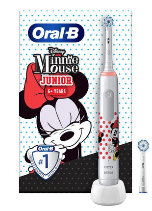 Brosse à dents électrique Oral-B Junior Minnie Mouse Electric Toothbrush pour les enfants à partir de 6 ans Contrôle de la pression à 360° 2 modes de brossage inclus, minuteur, blanc + 2 brossettes de rechange