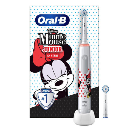 Spazzolino elettrico Oral-B Junior Minnie Mouse per bambini dai 6 anni in su Controllo della pressione a 360° 2 modalità di spazzolamento incluse, timer, bianco + 2 spazzolini di ricambio