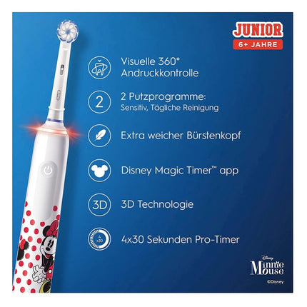Spazzolino elettrico Oral-B Junior Minnie Mouse per bambini dai 6 anni in su Controllo della pressione a 360° 2 modalità di spazzolamento incluse, timer, bianco + 2 spazzolini di ricambio