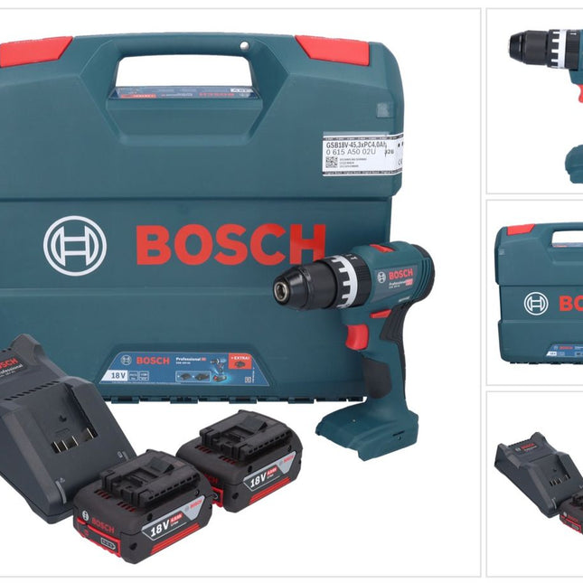 Bosch GSB 18V-45 Professional 18 V 45 Nm Brushless trapano avvitatore a percussione senza filo + 2 batterie da 4,0 Ah + caricabatterie + L-Case