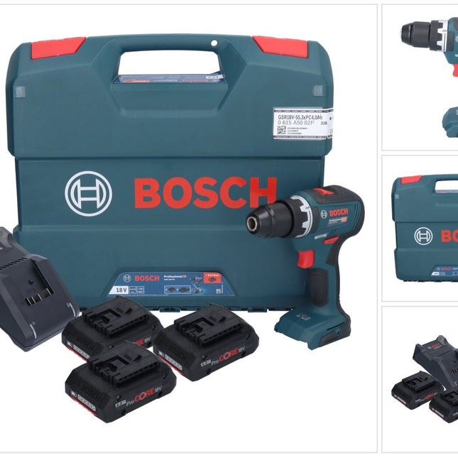 Trapano avvitatore a batteria Bosch GSR 18V-55 Professional 18 V 55 Nm Brushless ( 0615A5002P ) + 3x batteria ProCORE 4,0 Ah + caricabatterie + L-Case