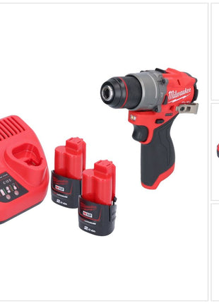 Taladro percutor inalámbrico Milwaukee M12 FPD2-202 12 V 45 Nm sin escobillas + 2x baterías 2,0 Ah + cargador