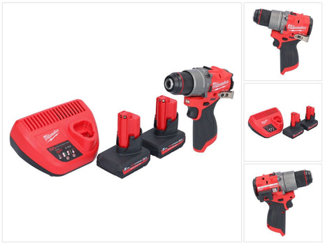 Taladro percutor inalámbrico Milwaukee M12 FPD2-502 12 V 45 Nm sin escobillas + 2x baterías 5,0 Ah + cargador