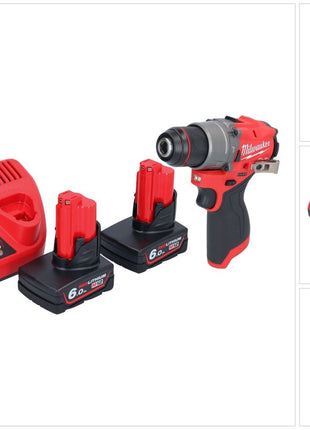 Milwaukee M12 FPD2-602 akumulatorowa wiertarka udarowa 12 V 45 Nm bezszczotkowa + 2x akumulator 6,0 Ah + ładowarka