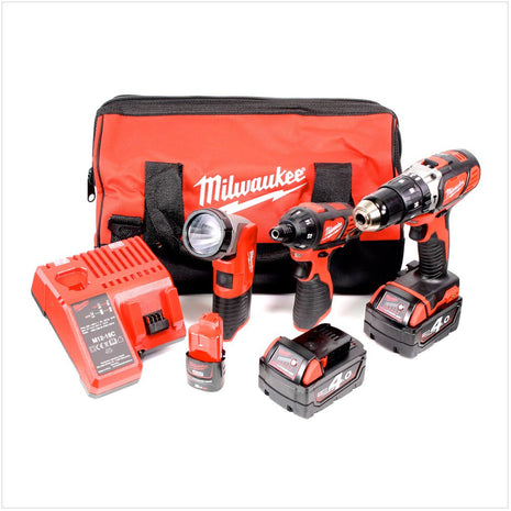 Milwaukee M18 Set TJ2 - 423 B mit Milwaukee M18 BPD 18 V und M12 BSD 12 V + Lagegerät mit 2 x 18 V Akku und 1 x 12 V Akku in Tasche - Toolbrothers