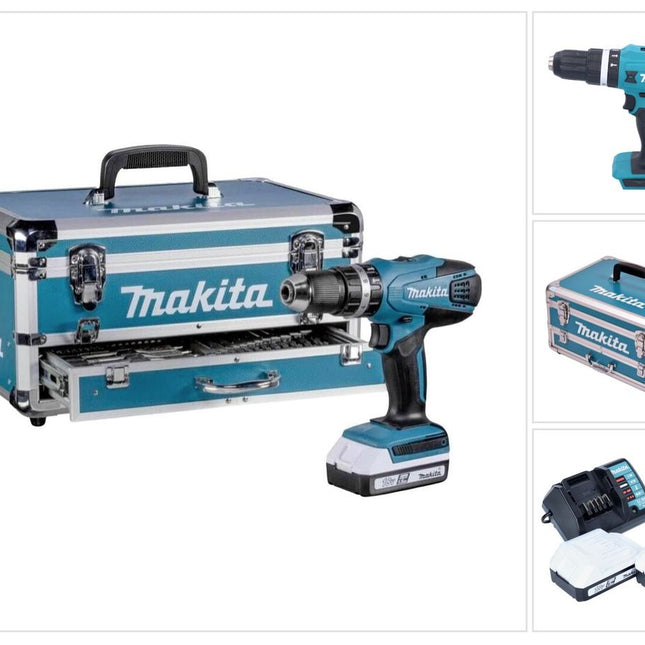 Makita HP 488 D009 Akku Schlagbohrschrauber 18 V 42 Nm G-Serie + 2x Akku 1,5 Ah + Ladegerät + 70 tlg. Zubehörset + Koffer