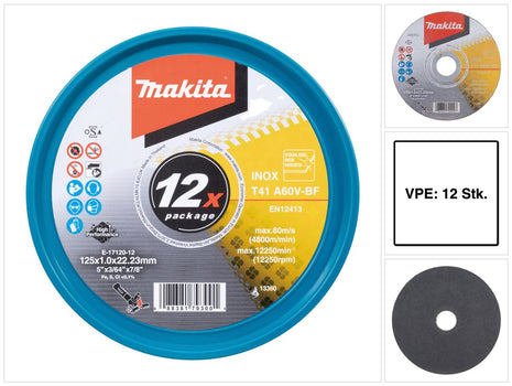 Makita E-17120-12 Tarcze tnące INOX 125 x 1,0 x 22,23 mm A60V-BF 12 sztuk w puszce