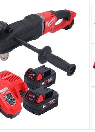 Milwaukee M18 FRAD2-502 perceuse d'angle sans fil 18 V 122 Nm Brushless + 2x batterie rechargeable 5,0 Ah + kit chargeur