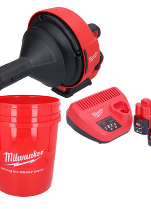 Limpiador de tuberías a batería Milwaukee M12 BDC6-202C 12 V + 2x baterías 2,0 Ah + cargador + espiral + cubo