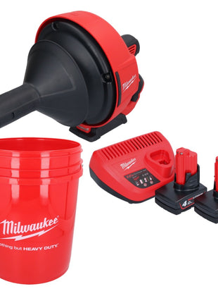 Milwaukee M12 BDC6-402C akumulatorowy udrażniacz rur 12 V + 2x akumulator 4,0 Ah + ładowarka + spirala + wiadro