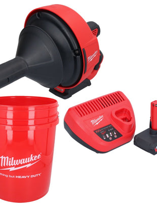 Appareil de nettoyage de tuyaux sur batterie Milwaukee M12 BDC6-501C 12 V + 1x batterie 5,0 Ah + chargeur + spirale + seau