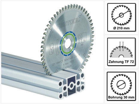 Festool HW 210x2.4x30 TF72 tarcza pilarska ALUMINIUM / PLASTICS ( 493201 ) 210 x 2,4 x 30 mm 72 zęby do blach i profili aluminiowych, pleksi, twardych i wzmacnianych włóknem tworzyw sztucznych