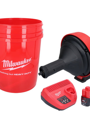 Limpiador de tuberías a batería Milwaukee M12 BDC8-201C 12 V + 1x batería 2,0 Ah + cargador + espiral + cubo