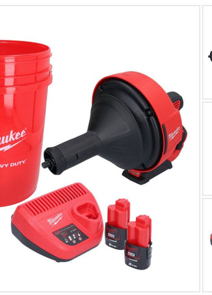 Milwaukee M12 BDC8-202C akumulatorowa wyciorarka do rur 12 V + 2x akumulator 2,0 Ah + ładowarka + spirala + wiadro