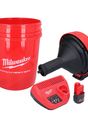 Limpiador de tuberías a batería Milwaukee M12 BDC8-251C 12 V + 1x batería 2,5 Ah + cargador + espiral + cubo