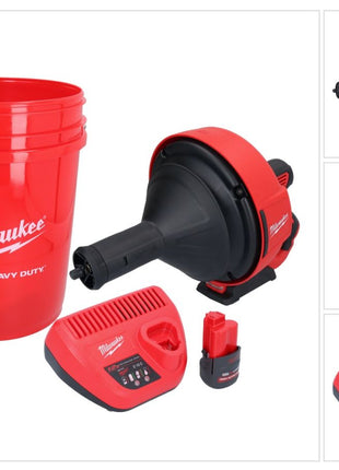 Limpiador de tuberías a batería Milwaukee M12 BDC8-251C 12 V + 1x batería 2,5 Ah + cargador + espiral + cubo