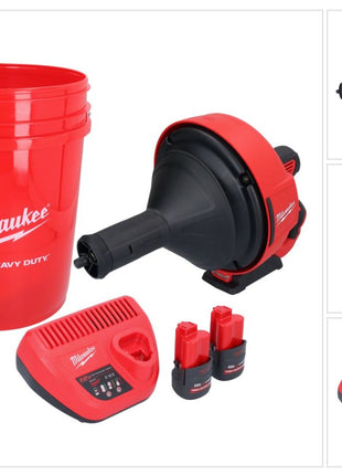 Milwaukee M12 BDC8-252C akumulatorowy udrażniacz do rur 12 V + 2x akumulator 2,5 Ah + ładowarka + spirala + wiadro