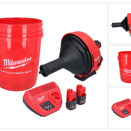 Milwaukee M12 BDC8-252C Akku Rohrreinigungsgerät 12 V + 2x Akku 2,5 Ah + Ladegerät + Spirale + Eimer