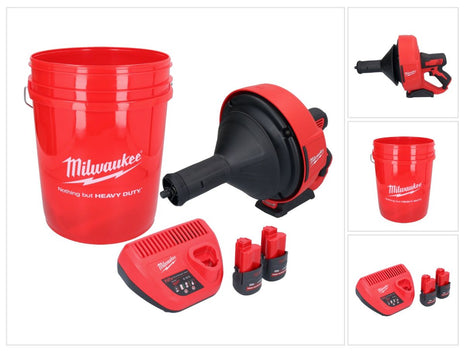 Milwaukee M12 BDC8-252C akumulatorowy udrażniacz do rur 12 V + 2x akumulator 2,5 Ah + ładowarka + spirala + wiadro