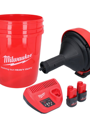 Milwaukee M12 BDC8-252C akumulatorowy udrażniacz do rur 12 V + 2x akumulator 2,5 Ah + ładowarka + spirala + wiadro