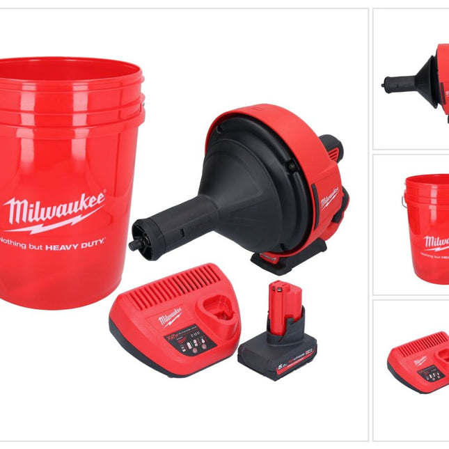 Milwaukee M12 BDC8-501C Akku Rohrreinigungsgerät 12 V + 1x Akku 5,0 Ah + Ladegerät + Spirale + Eimer