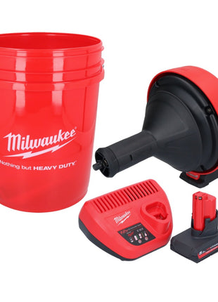 Limpiador de tuberías a batería Milwaukee M12 BDC8-501C 12 V + 1x batería 5,0 Ah + cargador + espiral + cubo