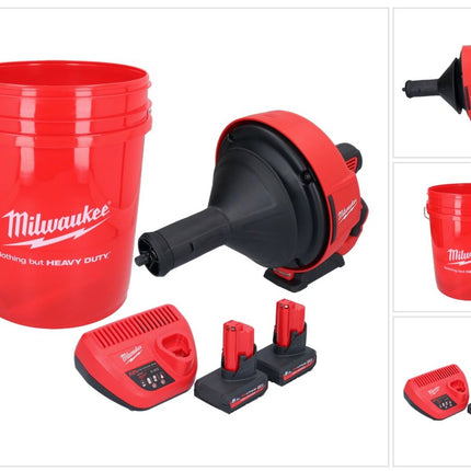 Milwaukee M12 BDC8-502C Akku Rohrreinigungsgerät 12 V + 2x Akku 5,0 Ah + Ladegerät + Spirale + Eimer