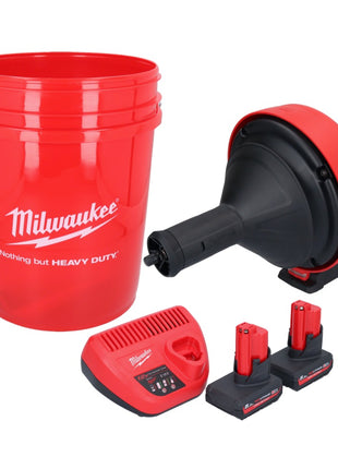 Limpiador de tuberías a batería Milwaukee M12 BDC8-502C 12 V + 2x baterías 5,0 Ah + cargador + espiral + cubo