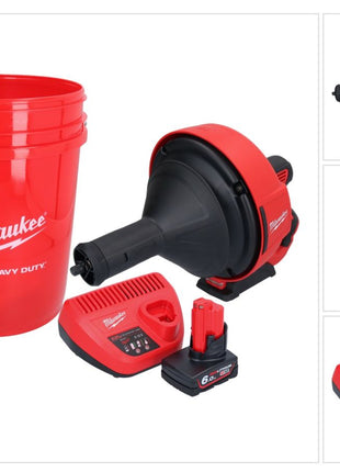 Milwaukee M12 BDC8-601C Akumulatorowa wyciorarka do rur 12 V + 1x akumulator 6,0 Ah + ładowarka + spirala + wiadro