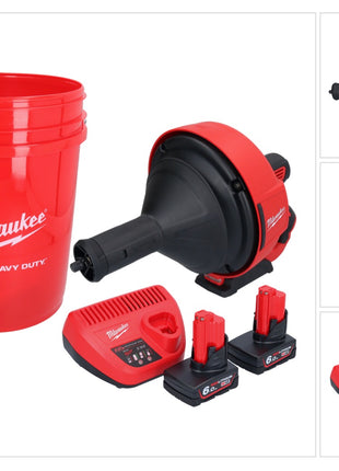 Milwaukee M12 BDC8-602C akumulatorowa wyciorarka do rur 12 V + 2x akumulator 6,0 Ah + ładowarka + spirala + wiadro