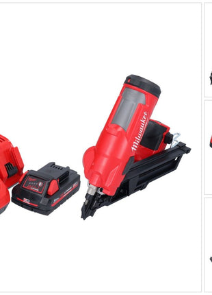 Cloueur à batterie Milwaukee M18 FFN-301 18 V 50 - 90 mm sans balais + 1x batterie 3,0 Ah + chargeur